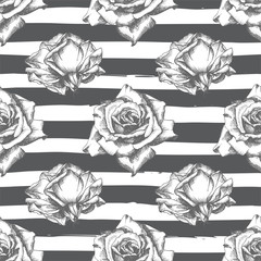 Seamless pattern Hand drawn sketch roses Detailed vintage botanical illuatration. Floral frame. Black silhouette isollated on white background.