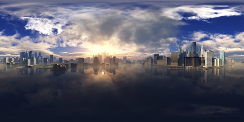 Wall Mural - HDRI, environment map , Round panorama, spherical panorama, equidistant projection, panorama 360, Modern city at sunrise in the fog over the water, skyscrapers at sunset over the water