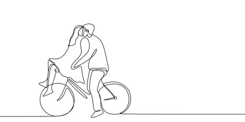 Continuous line drawing of cute romantic couple in love riding bicycle vector illustration.