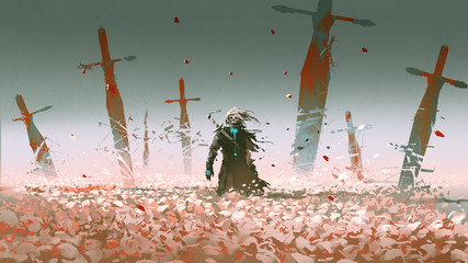 death knight standing alone in the rose field with big broken swords stuck into the ground, digital art style, illustration painting