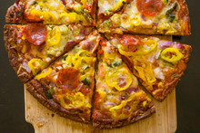 Pizza With Toppings On Wood Background, Pizza With Pepperoni, Banana Peppers, Onions