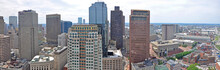 Aerial View Of Boston Financial District Skyscrapers Panorama, From Custom House, Boston, Massachusetts, USA.