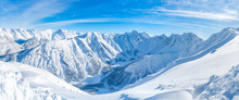 Wide Panoramic View Of Winter Landscape With Snow Covered Alps In Seefeld In The Austrian State Of Tyrol. Winter In Austria