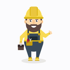 Thumbs up flat vector builder man character.