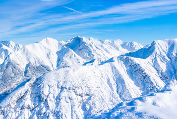 Wide panoramic view of winter landscape with snow covered Alps in Seefeld in the Austrian state of Tyrol. Winter in Austria