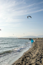 Kite Surfers Catch The Waves On The Windy Adriatic, Ulcinj, Montenegro.