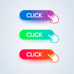 Wall Mural - click here colorful button set with hand icon on white background. flat line gradient button collect