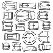 Set Of 17 Hand Drawn Metal Buckles For Belts Etc. Vector Isolated Illustration. Sketch Style