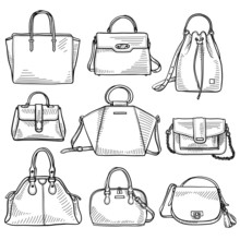 Set Of 9 Sketches Of Ladies' Handbags. Fashion Accessories. Hand Drawn Vector Illustration. Isolated