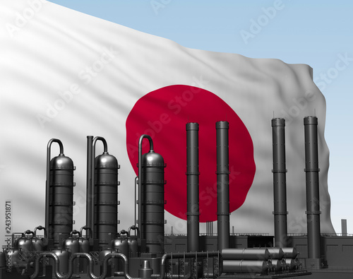 Plakat czarna fabryka przed flagą Japonii