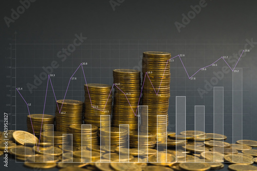 Cuadros en Lienzo Savings, increasing columns of coins, with financial graph, business banking concept