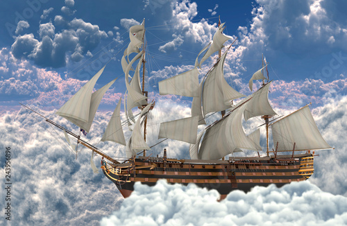 Sailboat flying above the clouds 3d illustration