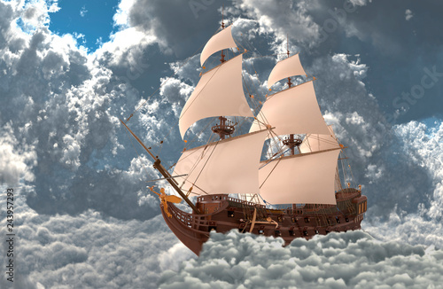 Sailboat flying above the clouds 3d illustration