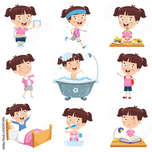 Fotografía Vector Illustration Of Cartoon Girl Doing Various Activities