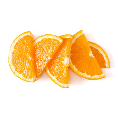 Orange fruit slice  isolated on white background closeup. Food background. Flat lay, top view.