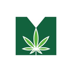 Poster - letter M with cannabis vector logo.