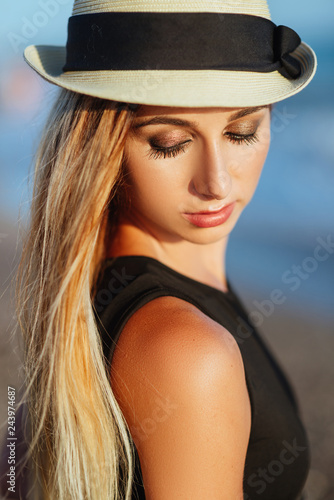 Outdoor Lifestyle Portrait Of Beautiful Girl In Black Swimsuit