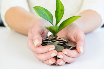 Saving money concept and woman’s hands holding money coin with growing plant 