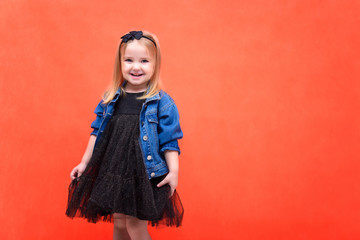 Concept portrait of a cute beautiful girl child dancing, talking, smiling