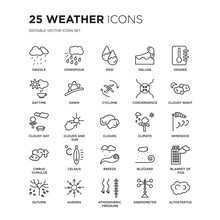 Set Of 25 Weather Linear Icons Such As Drizzle, Downpour, Dew, Deluge, Degree, Cloudy Night, Windsock, Blanket Fog, Aurora, Vector Illustration Of Trendy Icon Pack. Line Icons With Thin Line Stroke.