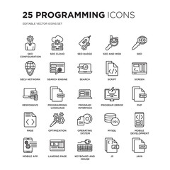 set of 25 programming linear icons such as seo configuration, seo cloud, badge, and web, seo, screen