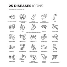 Set Of 25 Diseases Linear Icons Such As Hypermetropia, Huntington's Disease, Human Papillomavirus (HPV), , Vector Illustration Of Trendy Icon Pack. Line Icons With Thin Line Stroke.