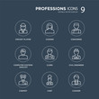 © t-vector-icons - 9 Cricket player, Cooker, Chemist, Civil Engineer, Clerk, Concierge, Computer Systems Analyst, Chef modern icons on black background, vector illustration, eps10, trendy icon set.