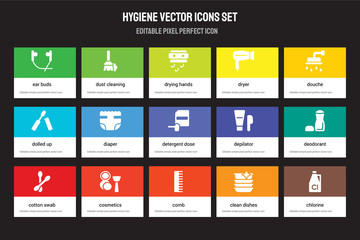 Set of 15 flat hygiene icons - ear buds, dust cleaning, Comb, douche, Cotton swab, Depilator, Deodorant, Clean dishes. Vector illustration isolated on colorful background