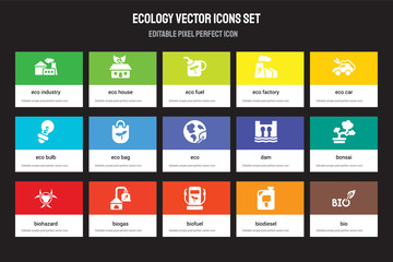 Wall Mural - Set of 15 flat ecology icons - eco Industry, Eco house, Biofuel, car, Biohazard, Dam, Bonsai, Biodiesel. Vector illustration isolated on colorful background