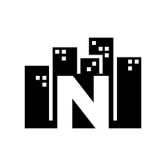 Poster - letter N and building tower vector logo