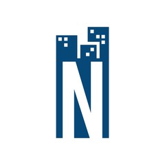 Poster - letter N and building tower vector logo