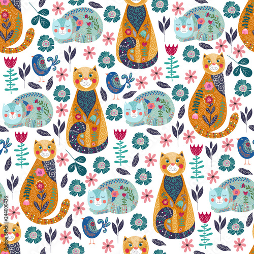 Cotton fabric Seamless pattern with cute cats and birds, flowers and leaves on white background, vector illustration