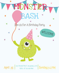 Wall Mural - Cute monster happy birthday party invitation card design. Vector