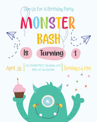 Wall Mural - Cute monster happy birthday party invitation card design. Vector