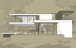 © korisbo - 3d rendering sketch of modern cozy house with garage for sale or rent. Black line sketch with white spot and hand drawing entourage on craft background