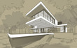 © korisbo - 3d rendering sketch of modern cozy house with garage for sale or rent. Black line sketch with white spot and hand drawing entourage on craft background