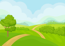 Scenery With Green Meadows, Tree And Bushes, Blue Sky On Background. Natural Landscape. Flat Vector Design