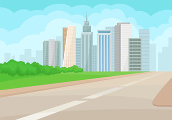 Wall Mural - Urban landscape with road, high-rise buildings, green grass and bushes on background. Modern city. Flat vector design