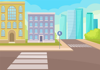 Wall Mural - View on intersection of street with crosswalks and signs, houses and skyscrapers. Urban landscape. Flat vector design