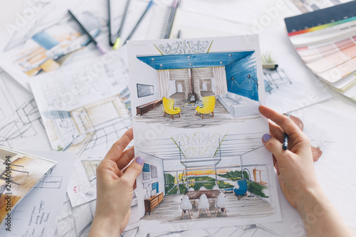 Interior Designer Working On Color Hand Drawings Of Living Room Interior At Work Place Photo Of Designers Work Concept Buy This Stock Photo And Explore Similar Images At Adobe Stock According to the bls, in 2014 the median annual wage for interior interior designers, particularly those starting out, may find it difficult to get hired without existing work experience. hand drawings of living room interior
