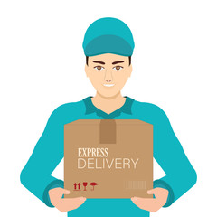 Smiling young delivery man in blue cap standing with parcel post box.