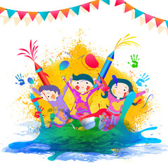 Wall Mural - Happy kids celebrating holi festival on colorful splash background. Can be used as banner design.