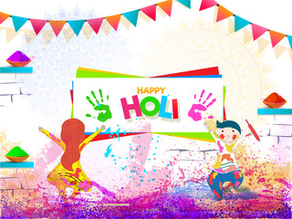 Wall Mural - Cute kids playing with colours on occasion of Happy Holi celebration. Banner or poster design.