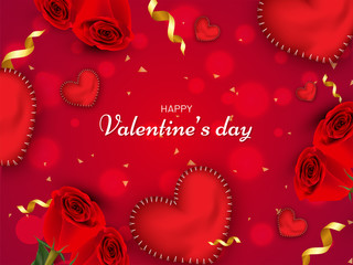 Poster - Glossy heart shapes and rose flower decorated red bokeh background with stylish lettering of Valentine's Day. Can be used as greeting card.