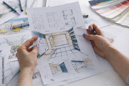 Interior Designer Working On Color Hand Drawings Of Bathroom
