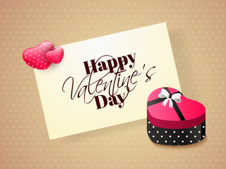 Sticker - Happy Valentine's Day card with heart shape gift box on dotted brown background.