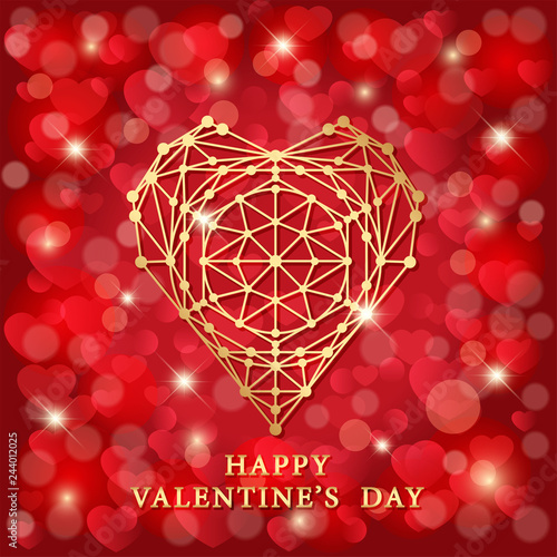 Red background with hearts and shiny stars. Openwork golden heart. Happy Vale...