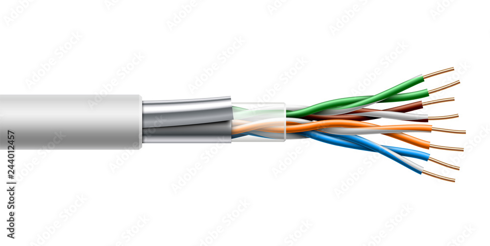 Twisted pair cable with fiol shield structure. Vector realistic illustration. - obrazy, fototapety, plakaty 