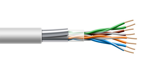 twisted pair cable with fiol shield structure. vector realistic illustration.