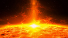 Sun Eruption With Large Energy Flares. Plasma Matter Eruption Over Star Surface. Space Exploration 3D Abstract Background.